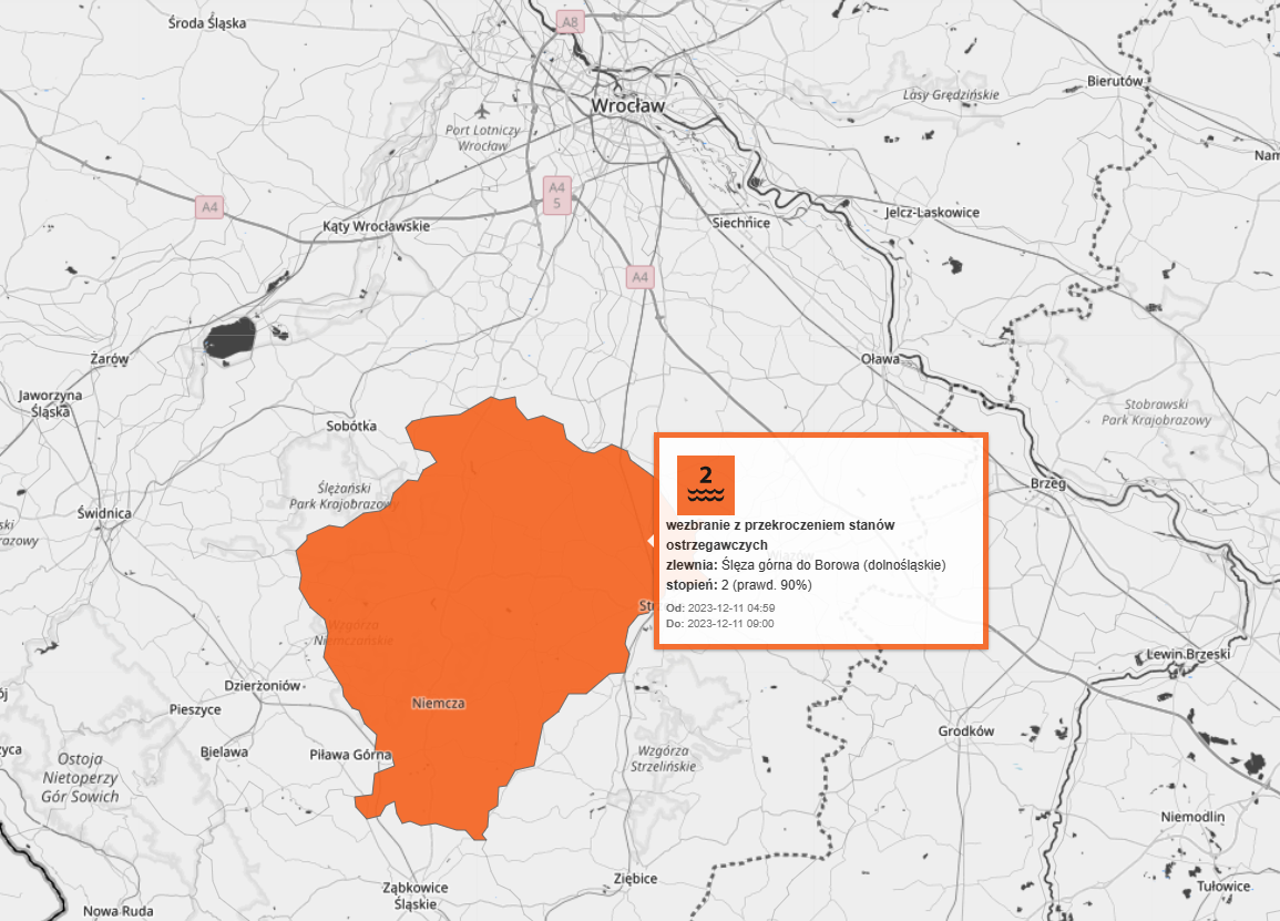 Powiększ obraz: Mapa IMGW przedstawia obszar zagrożenia hydrologicznego pod Wrocławiem.