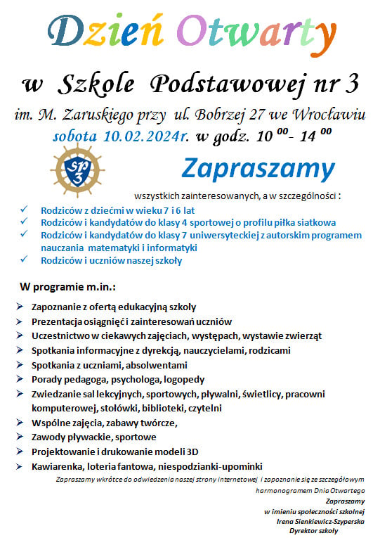 Powiększ obraz: Plakat Dni Otwartych w SP nr 3 we Wrocławiu