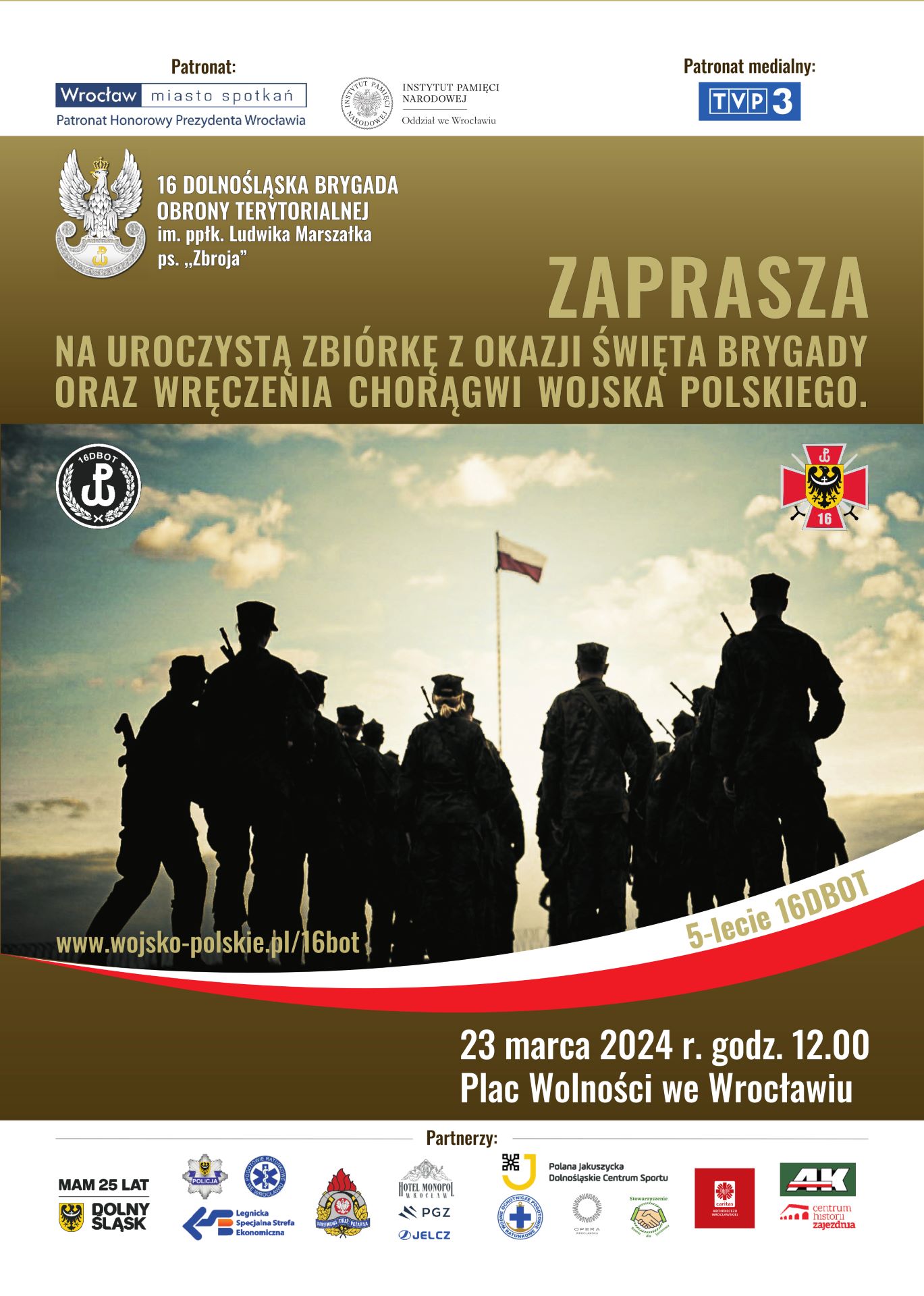Powiększ obraz: <p>Plakat informujący o święcie&nbsp;16. Dolnośląskiej Brygady Obrony Terytorialnej.</p>