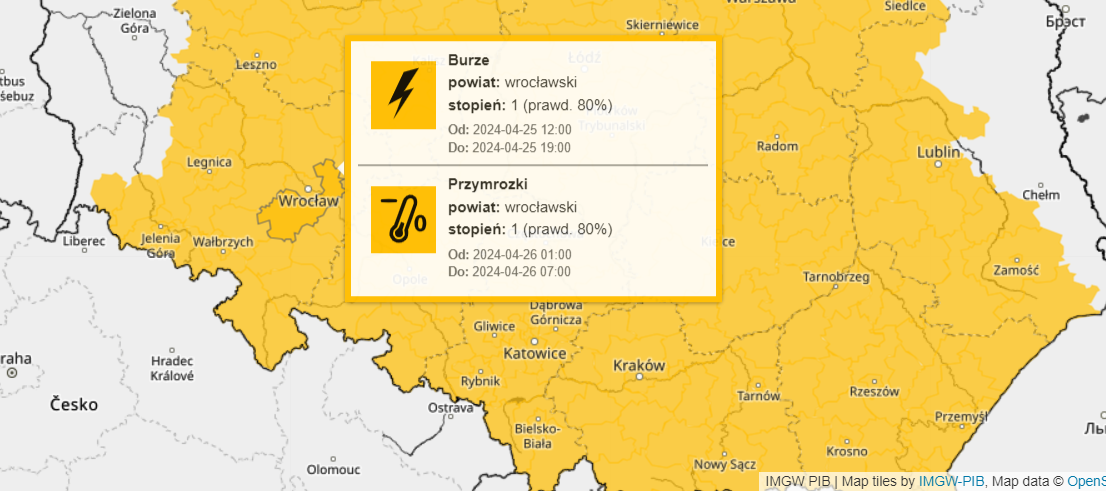 Powiększ obraz: Obszar objęty ostrzeżeniem IMGW