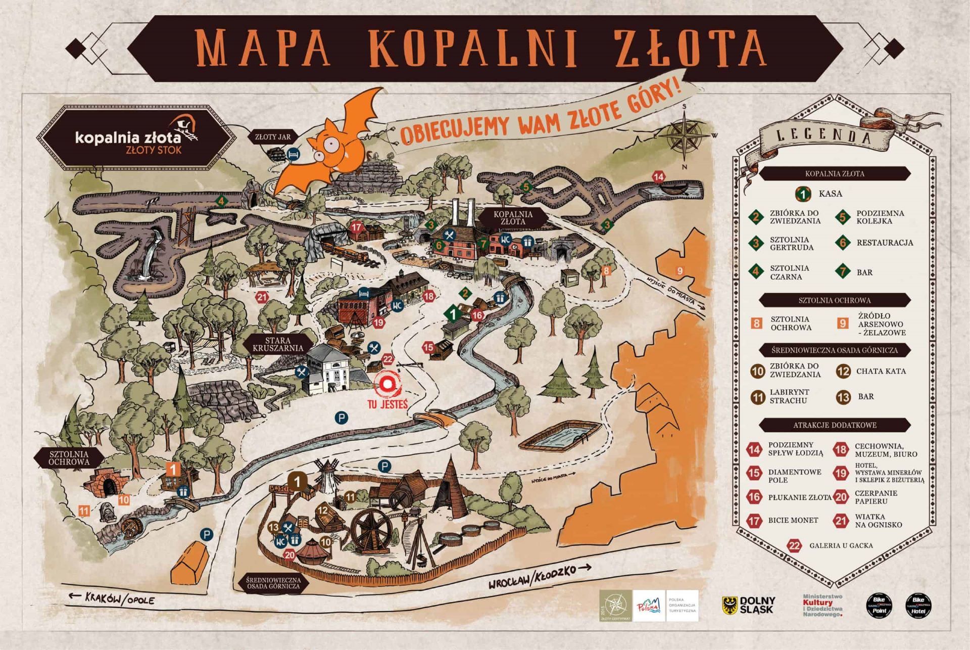 Powiększ obraz: Mapa Kopalni Złota i powiązanych z nią atrakcji