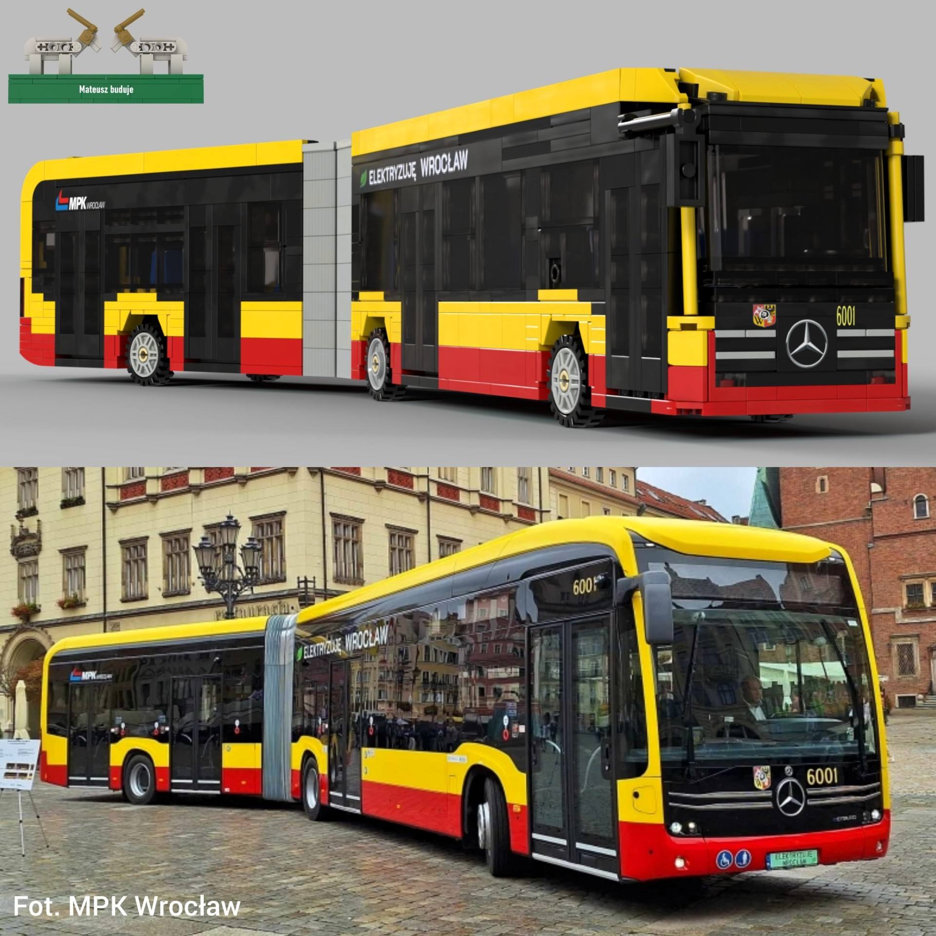 Powiększ obraz: Ilustracja z facebookowego profilu Mateusz buduje - na górze zaprojektowany przez niego model z Lego, na dole prawdziwy eCitaro na wrocławskim Rynku