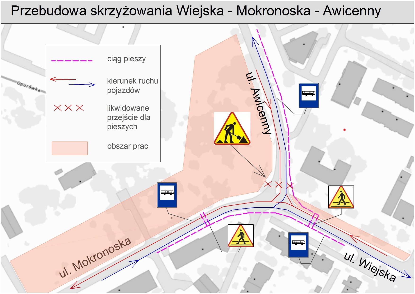 Powiększ obraz: Mapa ze zmianami na skrzyżowaniu Wiejskiej, Awicenny i Mokronoskiej