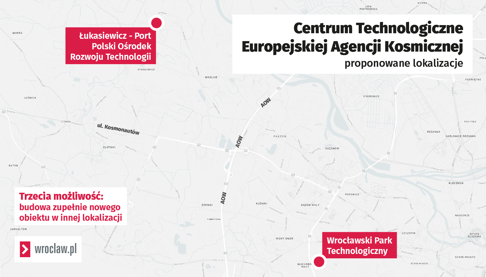 Powiększ obraz: <p>Mapa przedstawia potencjalne lokalizacje Centrum Technologicznego Europejskiej Agencji Kosmicznej we Wrocławiu. Pod uwagę brane są albo Łukasiewicz-Port, albo WPT</p>