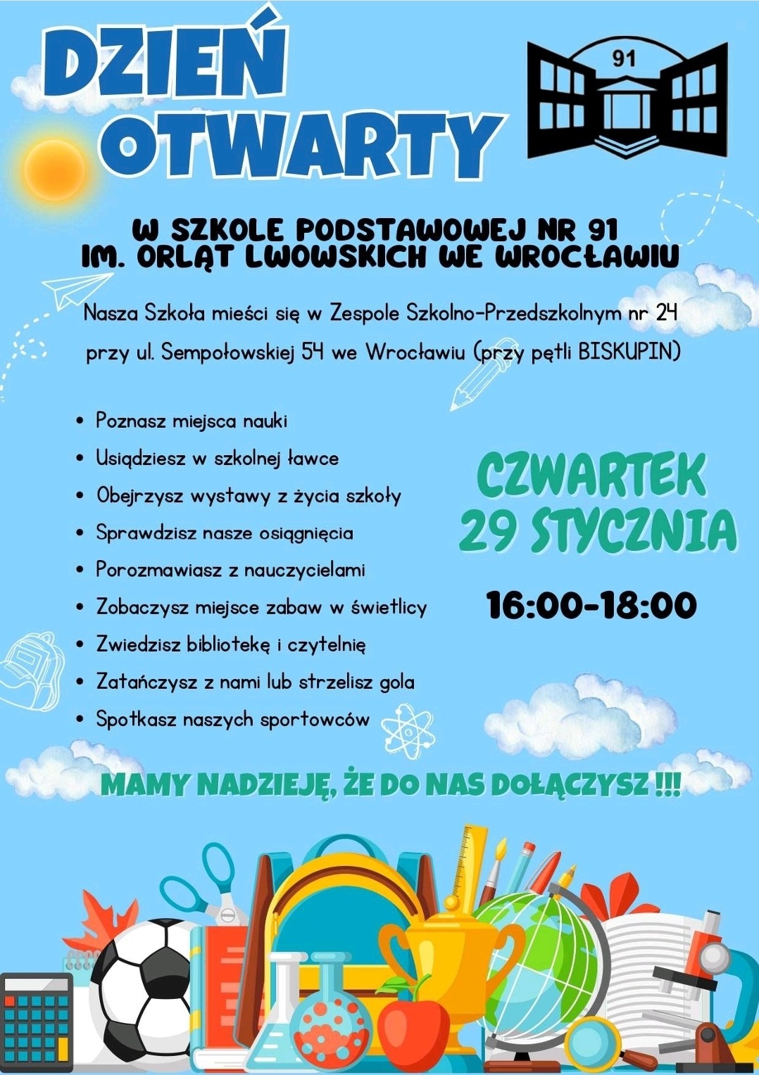 Powiększ obraz: Plakat dnia otwartego w SP nr 91 przy ul. Stefanii Sempołowskiej we Wrocławiu - zaproszenie na czwartek,  29 stycznia 2026 r.