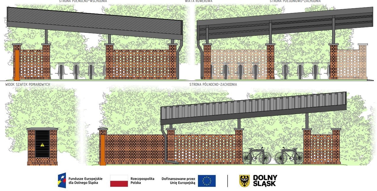 Powiększ obraz: Rysunek wiaty rowerowej na parkingu na Leśnicy