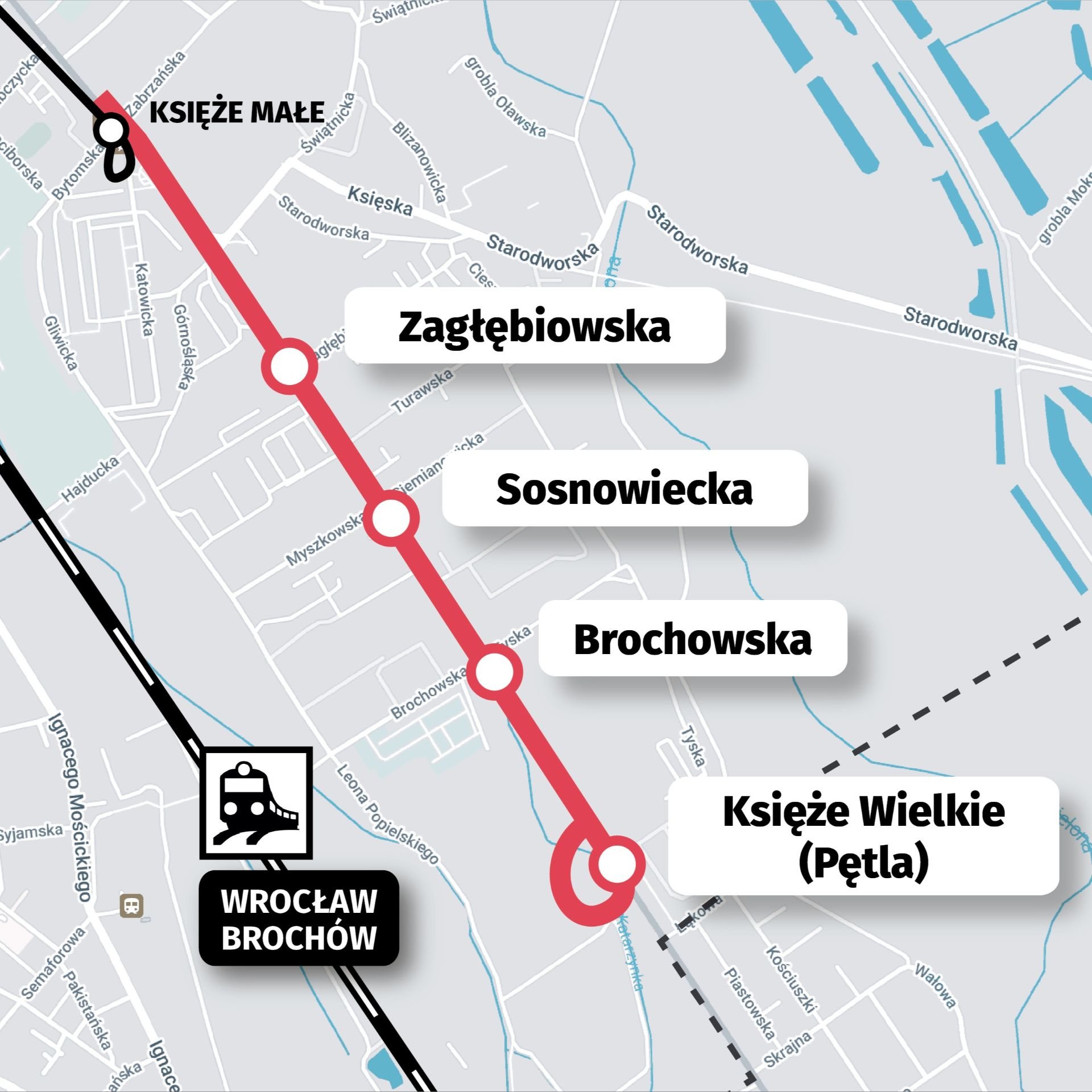 Powiększ obraz: Mapa przedstawia trasę tramwaju na Księże Wielkie