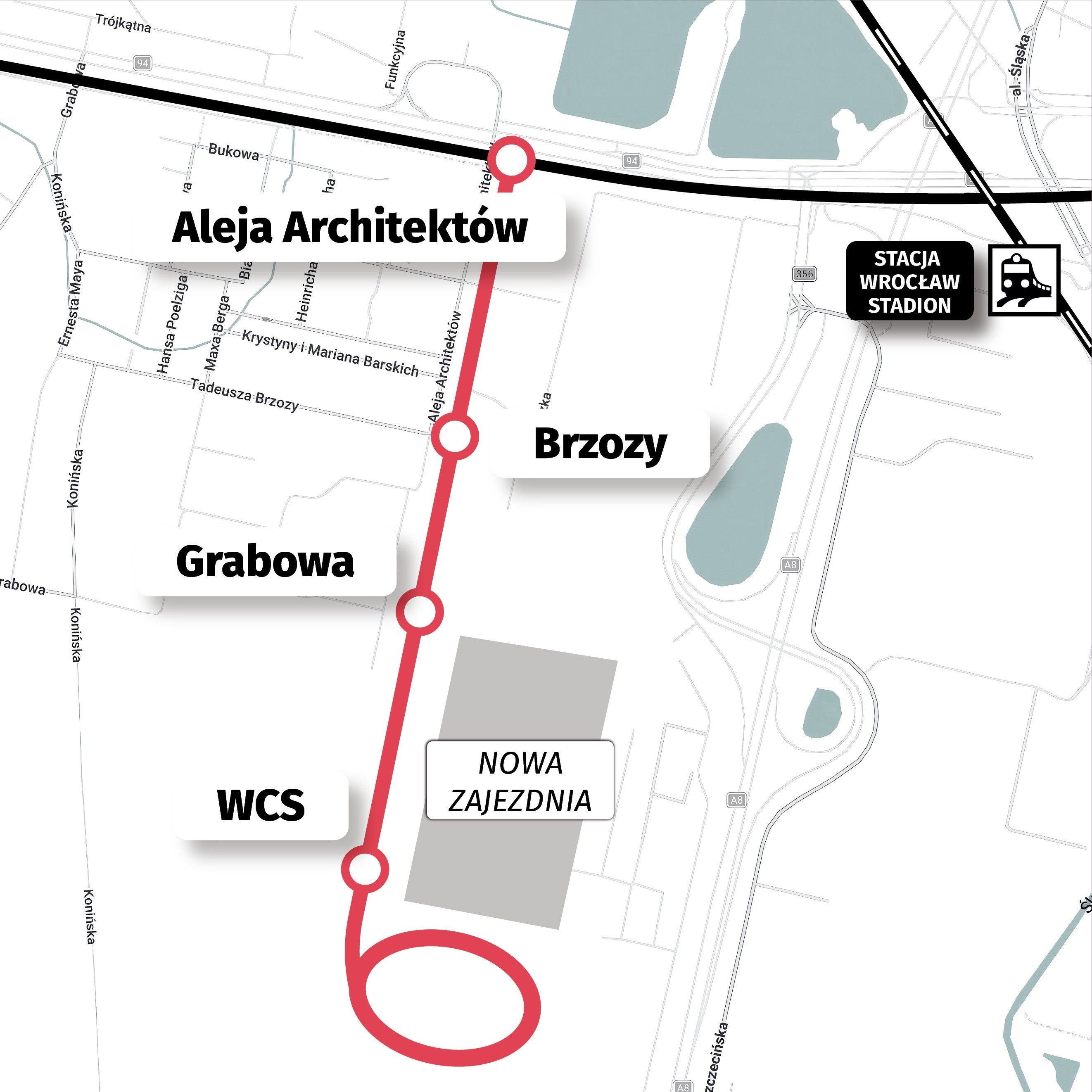 Powiększ obraz: Mapa przedstawia trasę tramwaju na Nowych Żernikach
