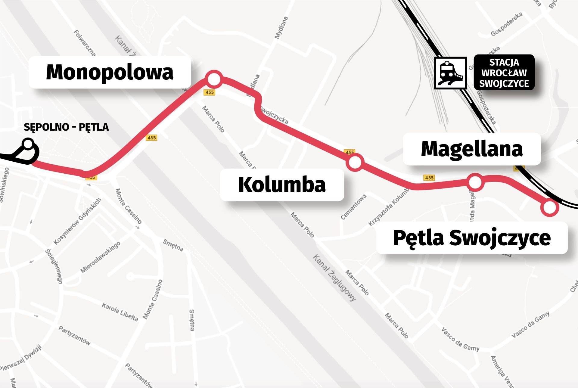 Powiększ obraz: Mapa przedstawia przebieg trasy tramwajowo-autobusowej na Swojczyce