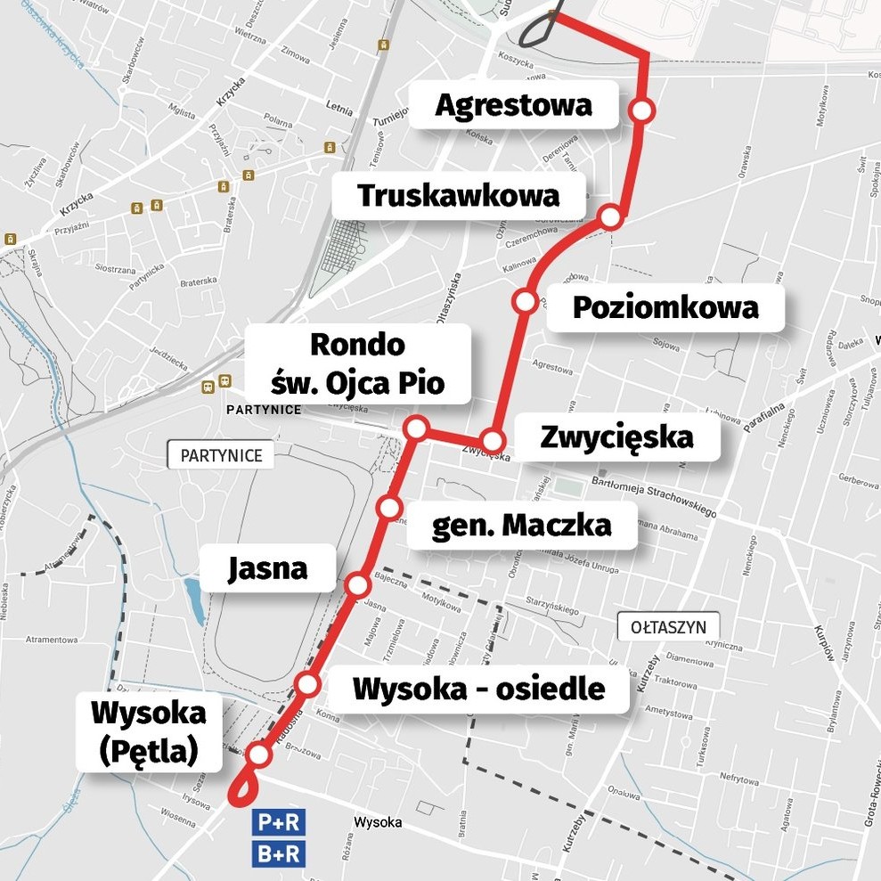 Powiększ obraz: Mapa przedstawia trasę tramwaju przez Ołtaszyn do Wysokiej