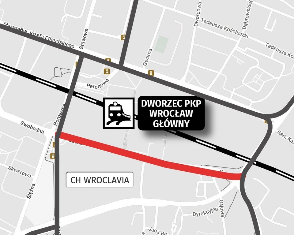 Powiększ obraz: Mapa przedstawia lokalizację węzła przesiadkowego Sucha wraz z przebiegiem torowiska
