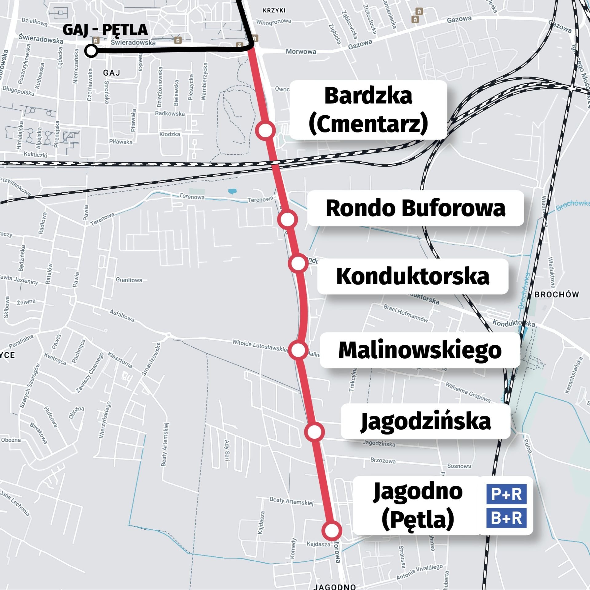 Powiększ obraz: Mapa przedstawia przebieg tramwaju na Jagodno