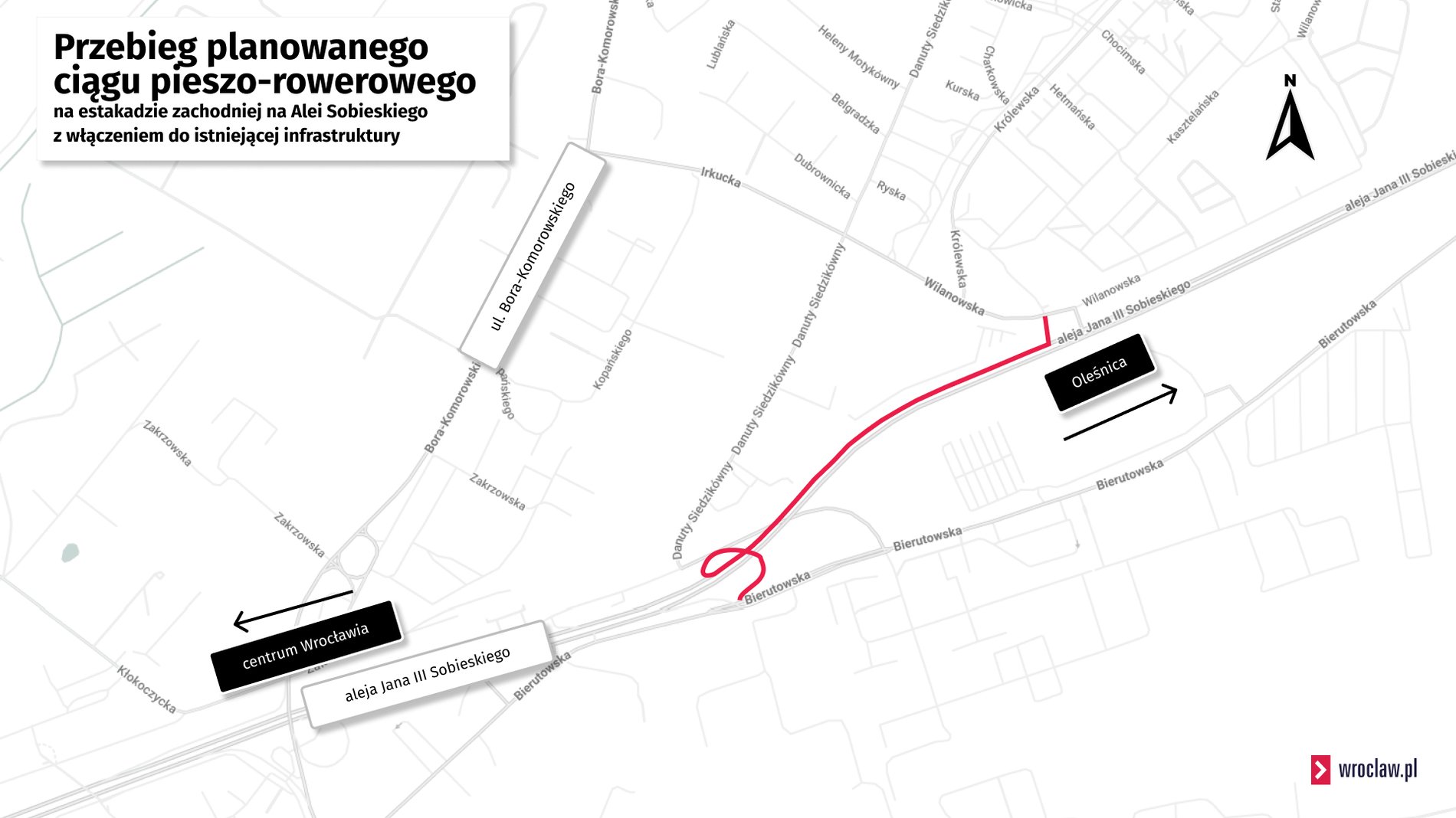 Powiększ obraz: Mapa przedstawia przebieg planowanej trasy pieszo-rowerowej od ul. Wilanowskiej przez estakadę na Al. Sobieskiego do ul. Bierutowskiej