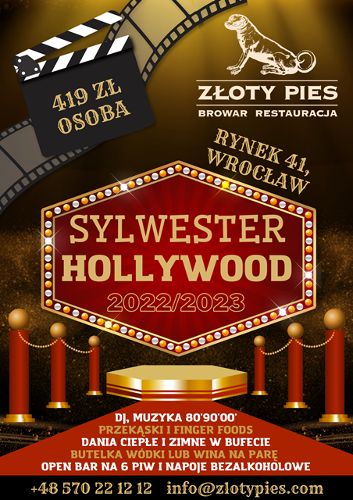 Zdjęcie wydarzenia Sylwester w stylu Hollywood w Restauracji & Browarze Złoty Pies 2022/2023