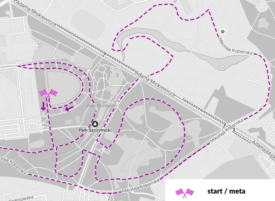 Powiększ obraz: Mapa przedstawia trasę biegu kobiet "Zawsze Pier(w)si"