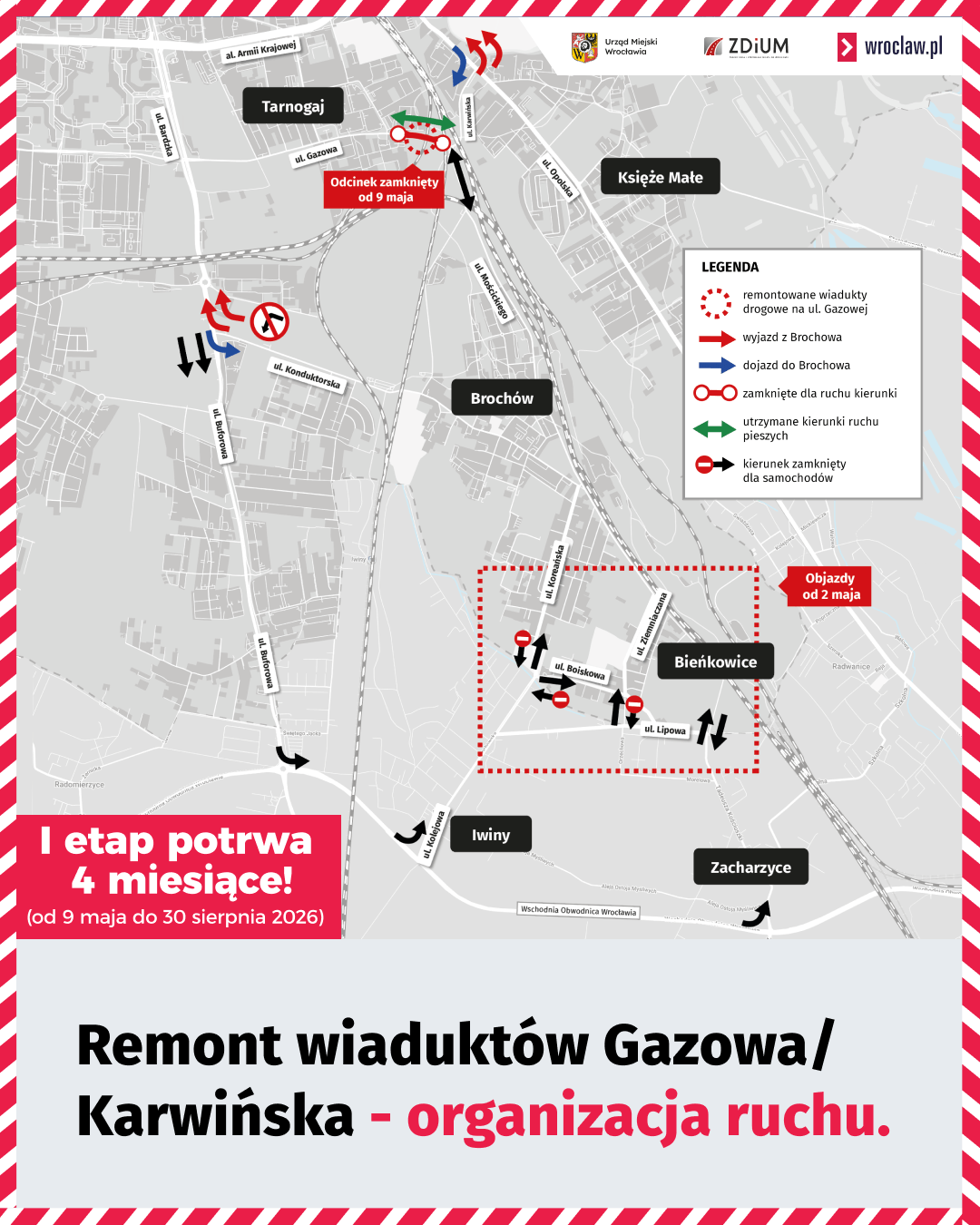 Powiększ obraz: Mapa przedstawia organizację ruchu po zamknięciu przejazdu przez ulicę Gazową
