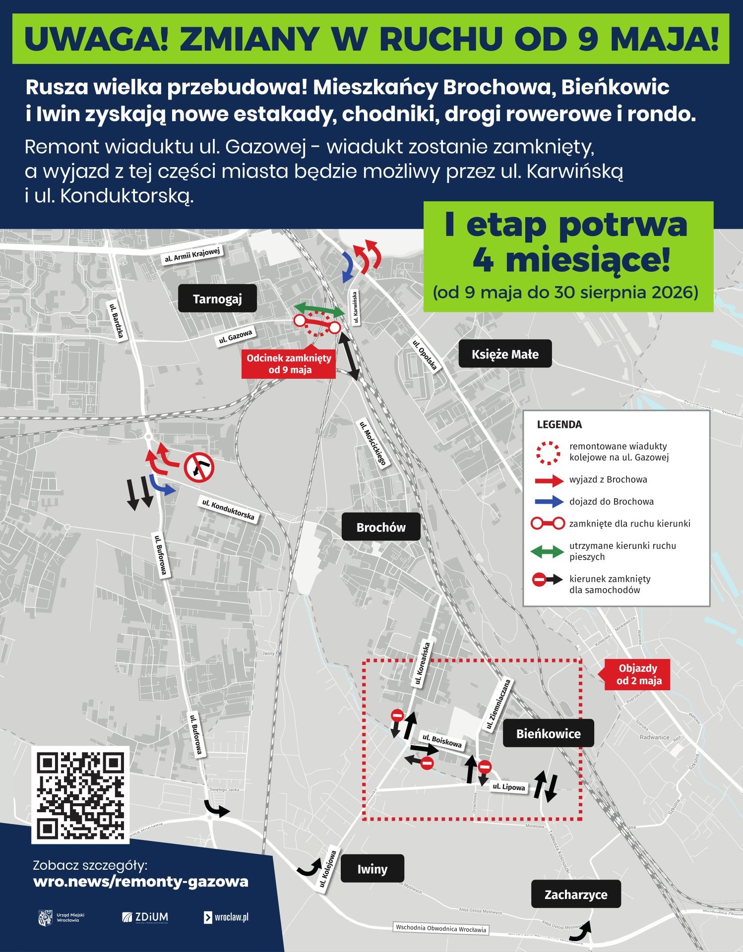 Powiększ obraz: Mapa przedstawia objazdy związane z zamknięciem przejazdu przez ulicę Gazową