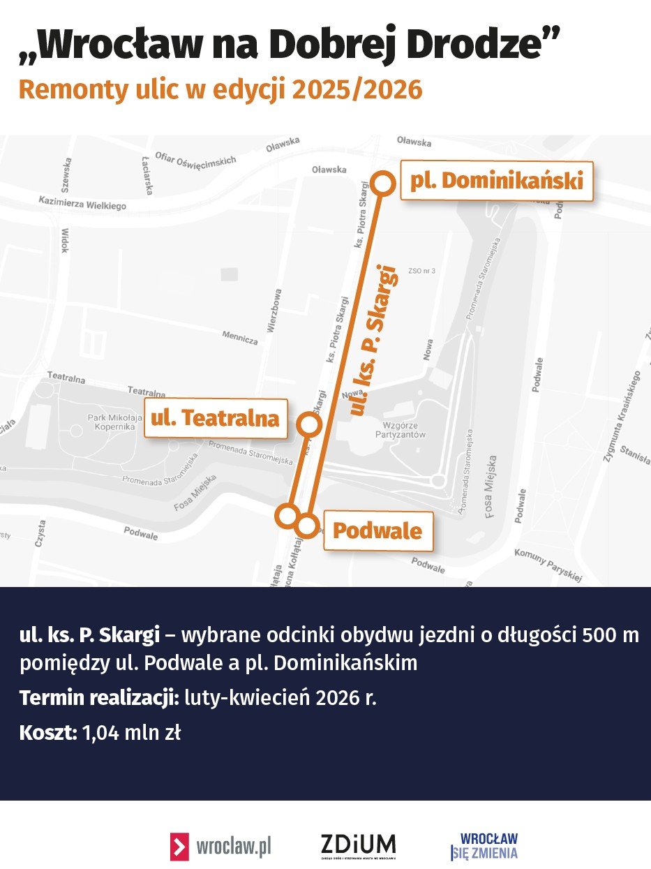 Powiększ obraz: Mapa przedstawia odcinki ulicy Piotra Skargi, na których wymieniana będzie nawierzchnia