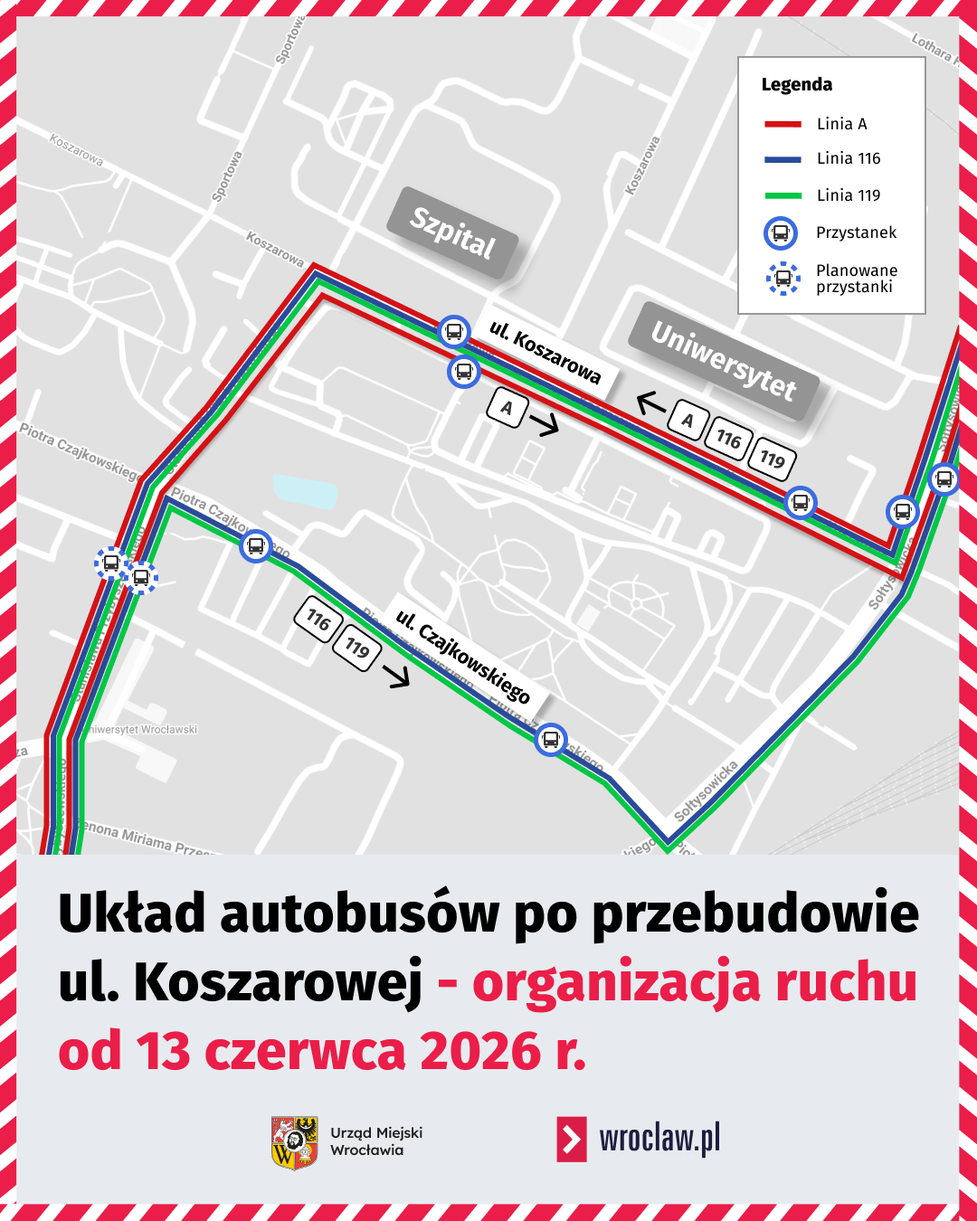 Powiększ obraz: Mapa przedstawia trasy autobusów, którymi będą kursować od 13 czerwca