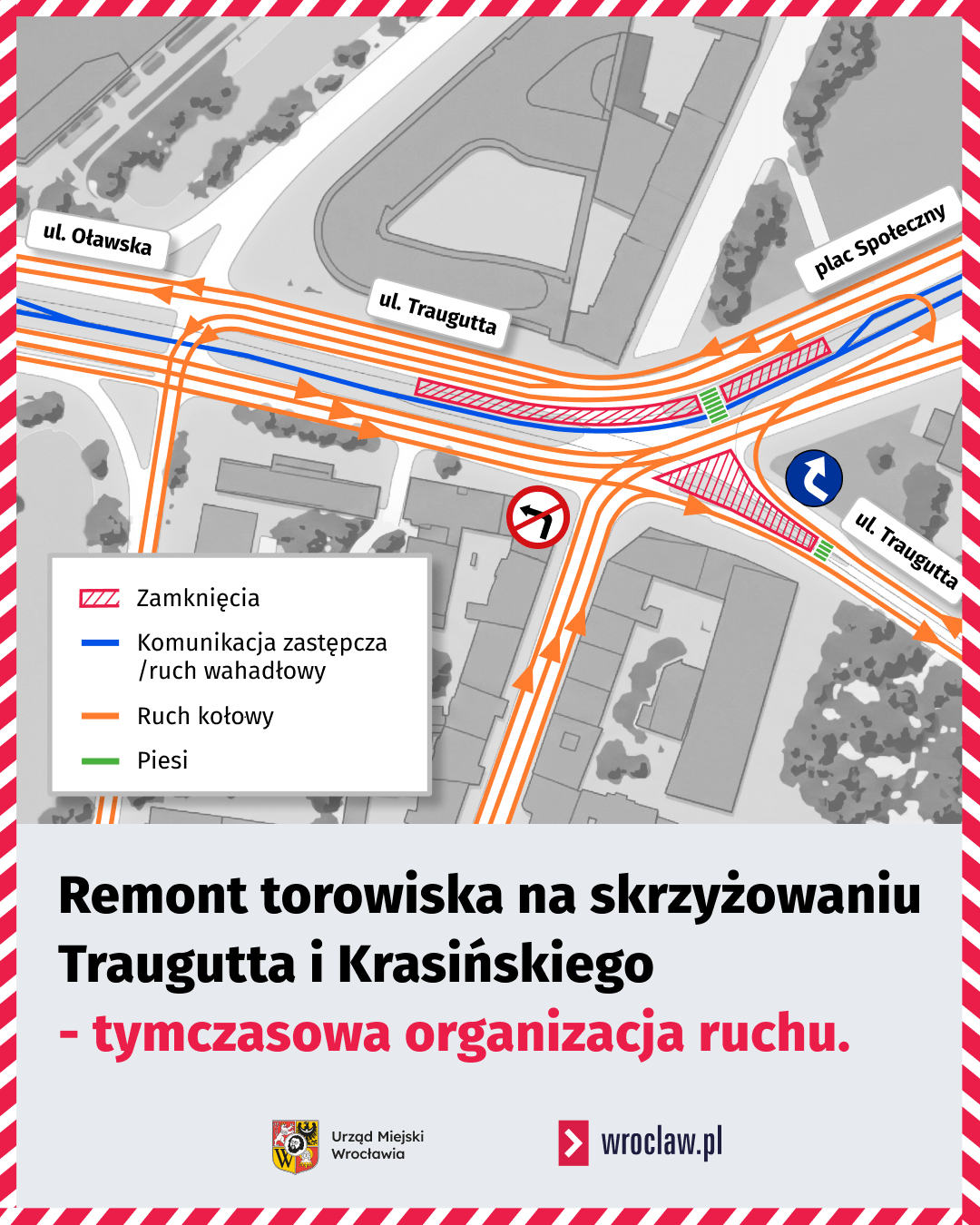 Powiększ obraz: Mapa przedstawia zmiany w komunikacji związane z remontem na skrzyżowaniu Traugutta z Krasińskiego