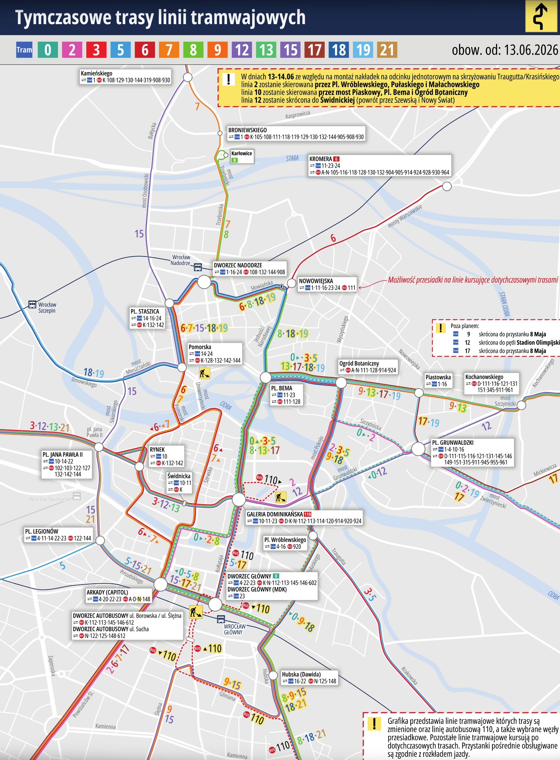 Powiększ obraz: Mapa przedstawia zmienione trasy tramwajów od soboty 13 czerwca
