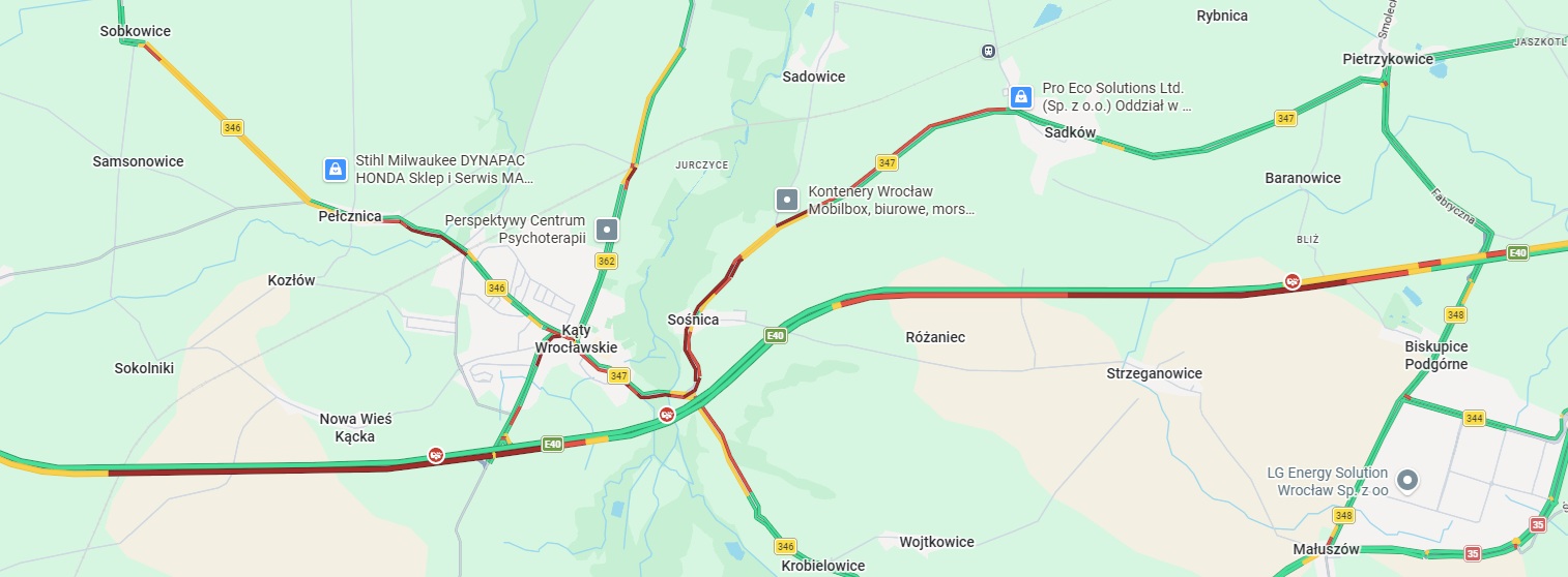 Powiększ obraz: Na mapie Google o godzinie 11:40 widać było potężny korek na A4 i okolicznych drogach, którymi kierowcy starali się ominąć miejsce zdarzenia