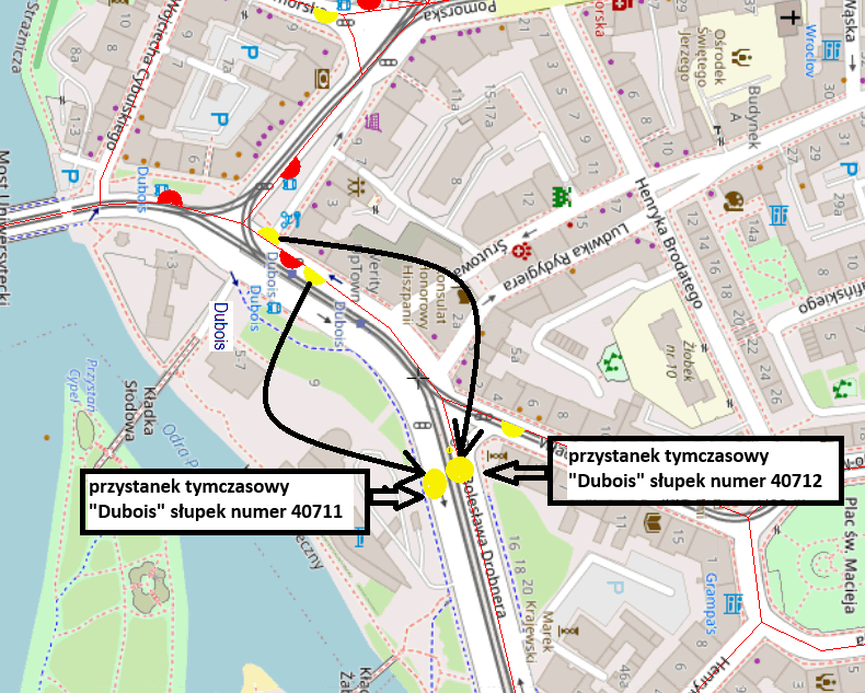 Powiększ obraz: Mapa przedstawia nową lokalizację przystanków „Dubois”