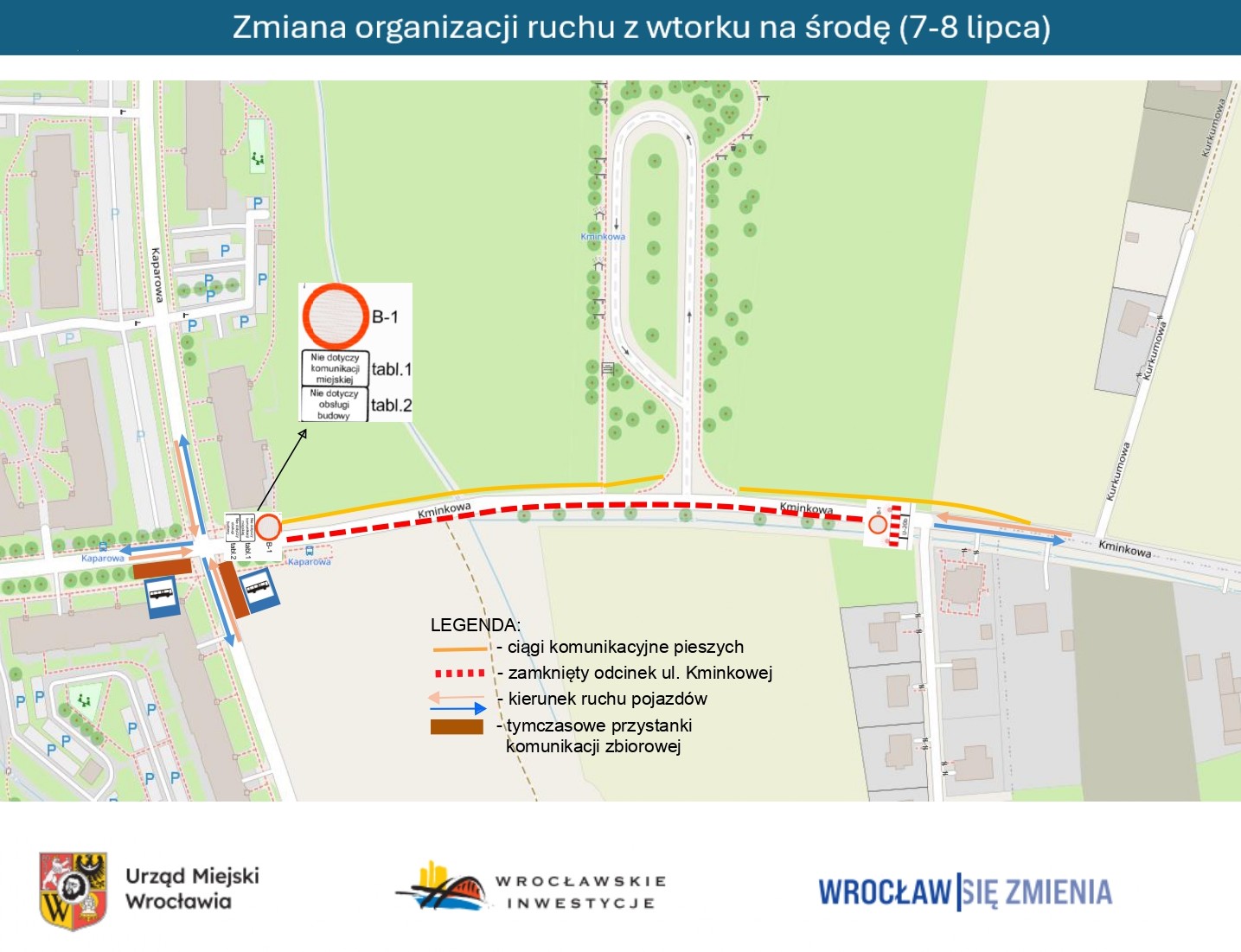 Powiększ obraz: Mapa przedstawia zamknięty odcinek ulicy Kminkowej