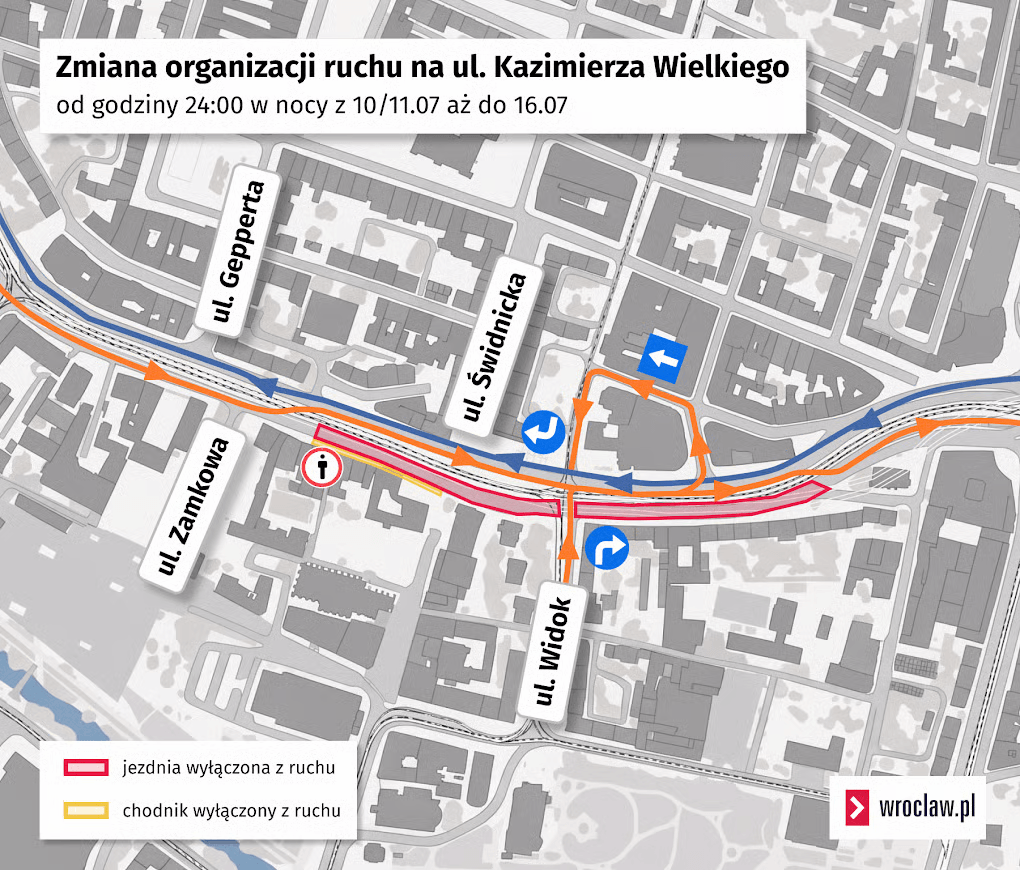 Powiększ obraz: Schemat organizacji ruchu na ul. Kazimierza Wielkiego obowiązujący w dniach 11 lipca – 16 lipca