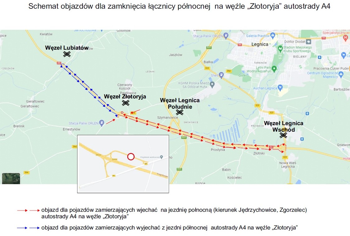 Powiększ obraz: Mapa z objazdem obowiązującym podczas remontu łącznicy węzła „Złotoryja”