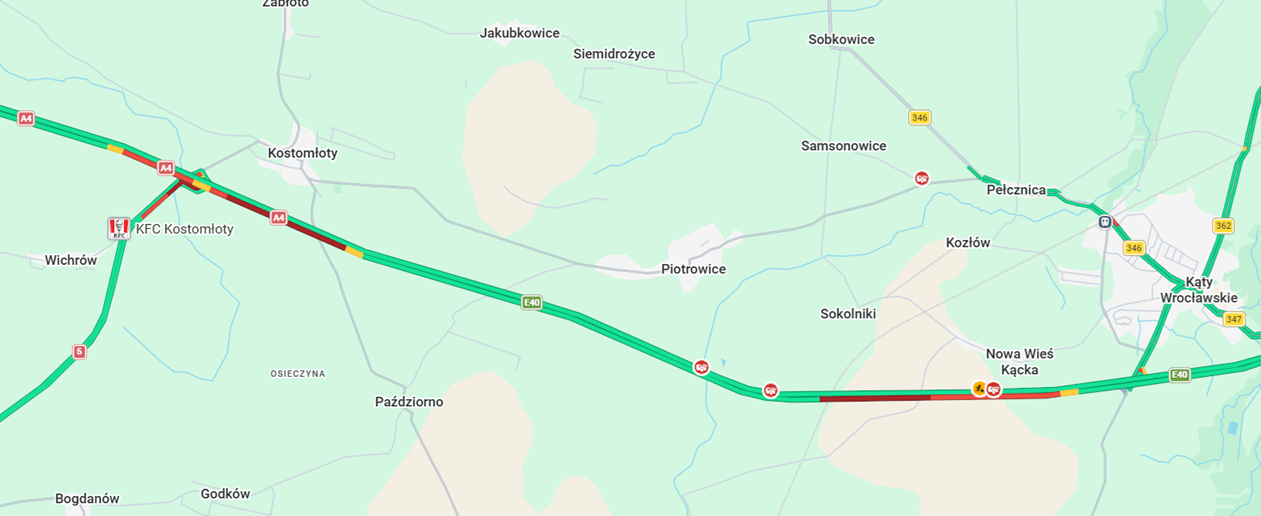 Powiększ obraz: Mapa pokazuje miejsce zdarzenia i korki, które się utworzyły. Stan na godzinę 17:30