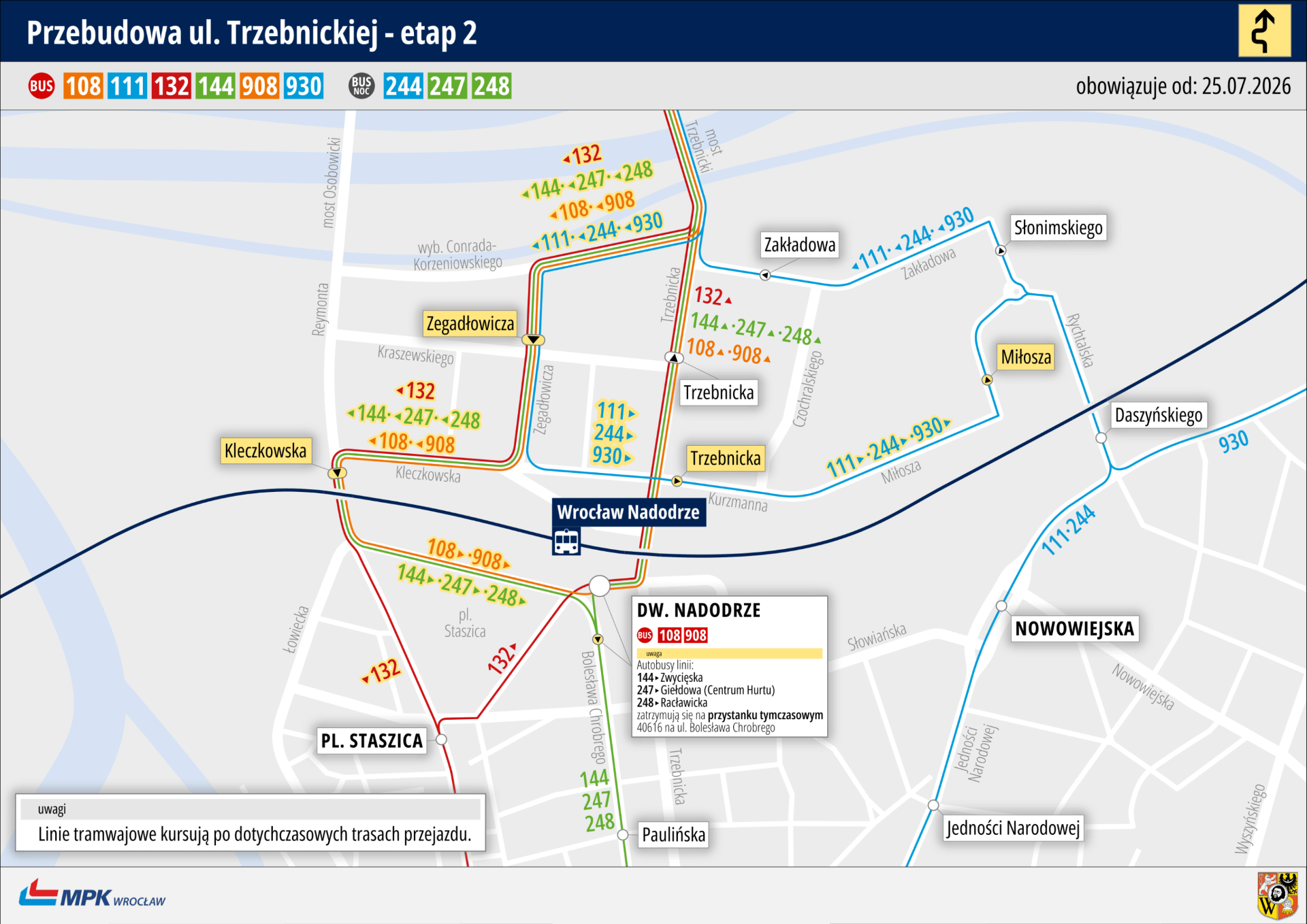 Powiększ obraz: Mapa przedstawia zmienione od 25 lipca trasy autobusów
