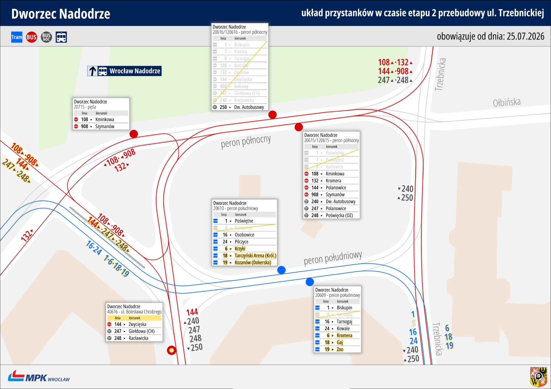 Powiększ obraz: Mapa przedstawia układ przystanków w rejonie pl. Powstańców Wielkopolskich
