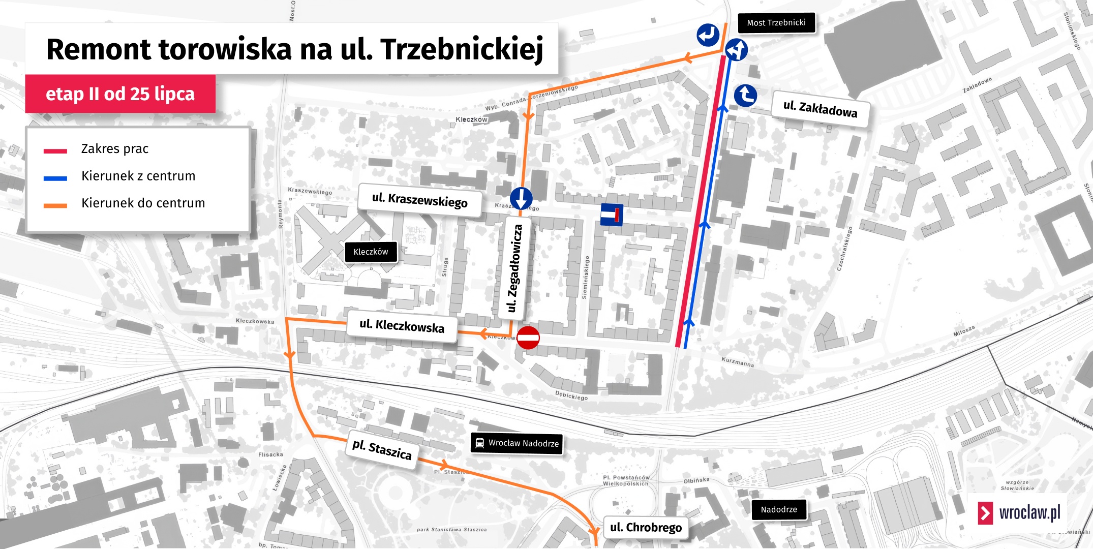 Powiększ obraz: Mapa przedstawia trasę objazdu remontowanej ulicy Trzebnickiej