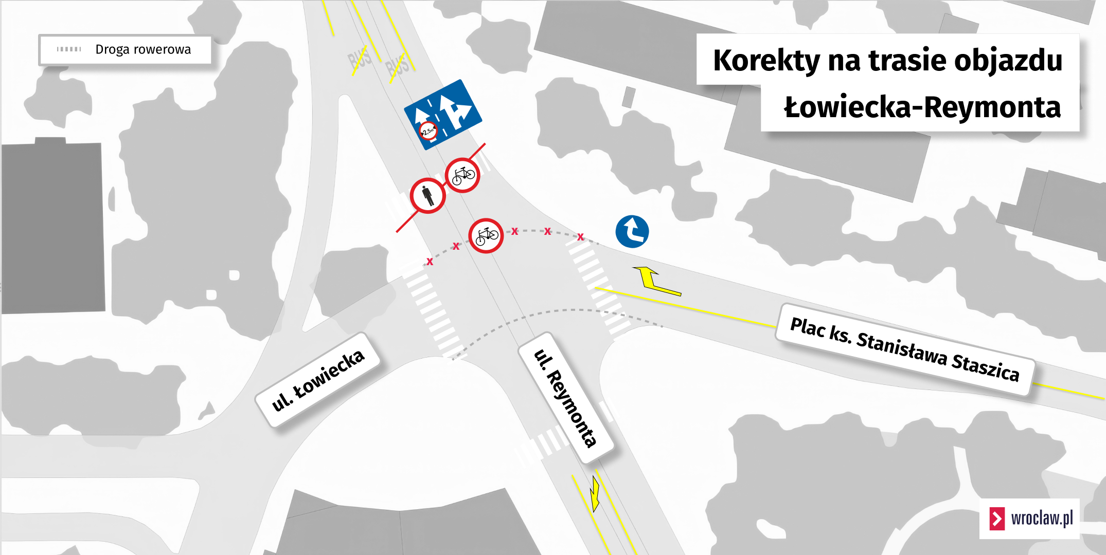 Powiększ obraz: Mapa przedstawia zmiany na skrzyżowaniu ulic Łowieckiej, Reymonta i pl. Staszica