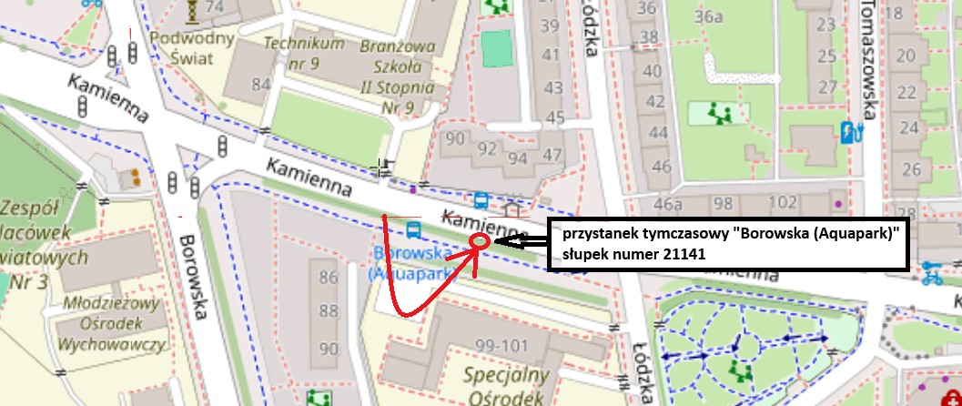 Powiększ obraz: Mapa przedstawia lokalizację przystanku „Borowska (Aquapark)”
