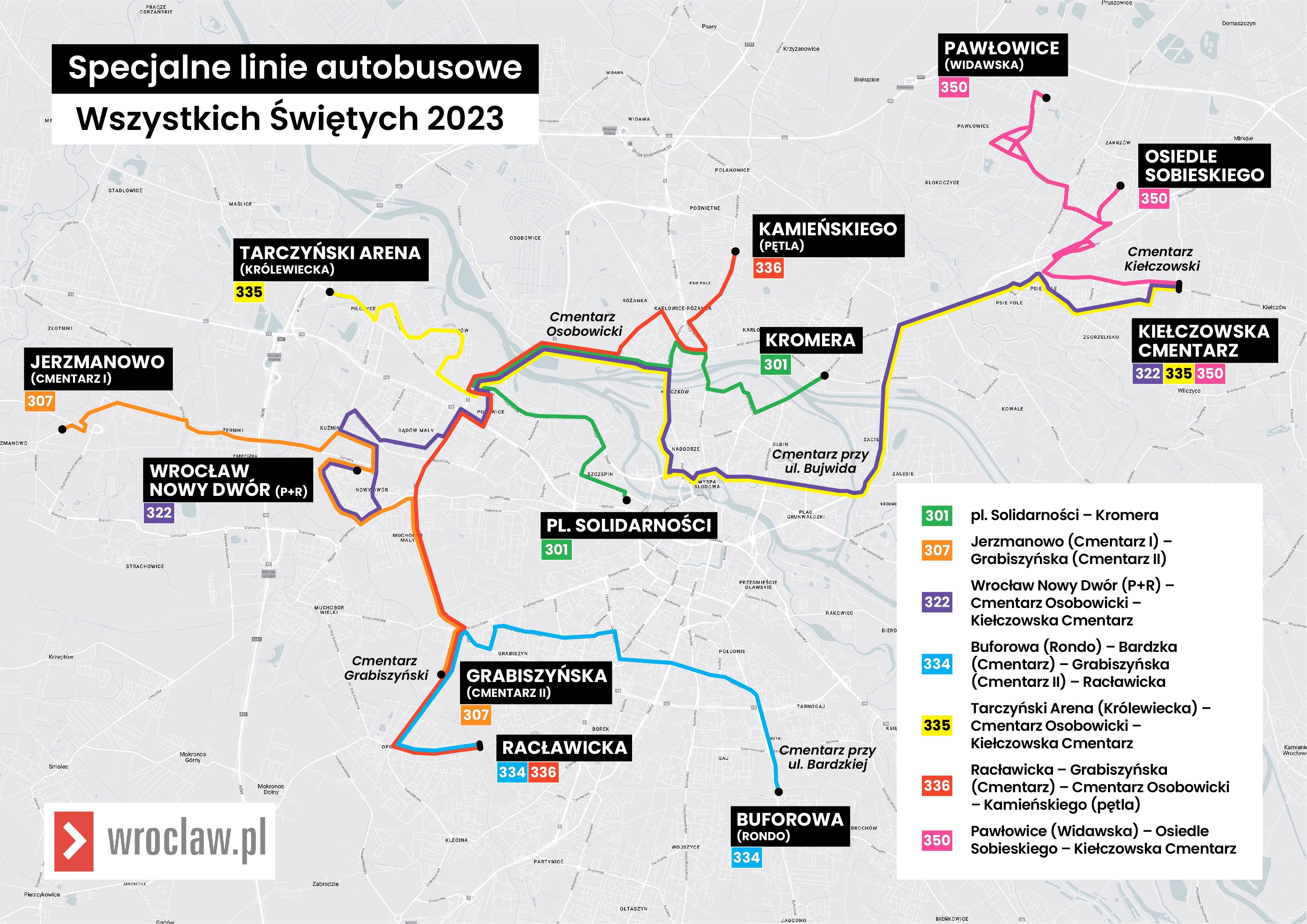 Powiększ obraz: 1 listopada 2023 - schemat specjalnych linii autobusowych kursujących we Wszystkich Świętych.