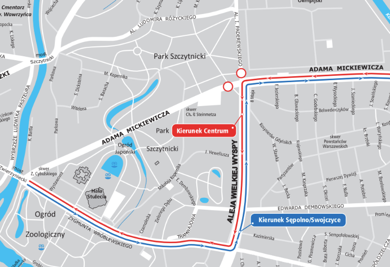 Powiększ obraz: Mapa z objazdem związanym z zamknięcie skrzyżowania al. Paderewskiego z ul. Mickiewicza.