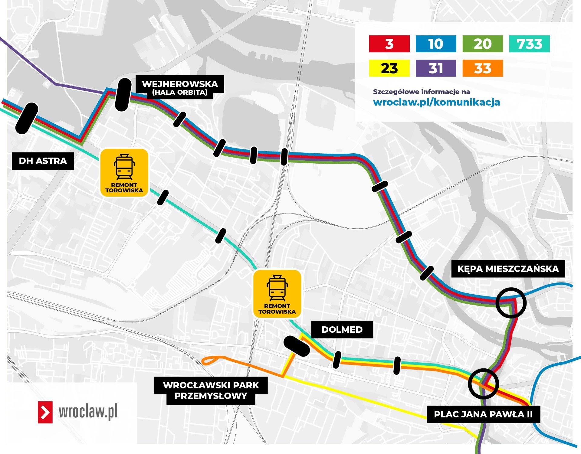 Powiększ obraz: Mapa przedstawiająca zmiany w kursowaniu tramwajów od 18 czerwca.