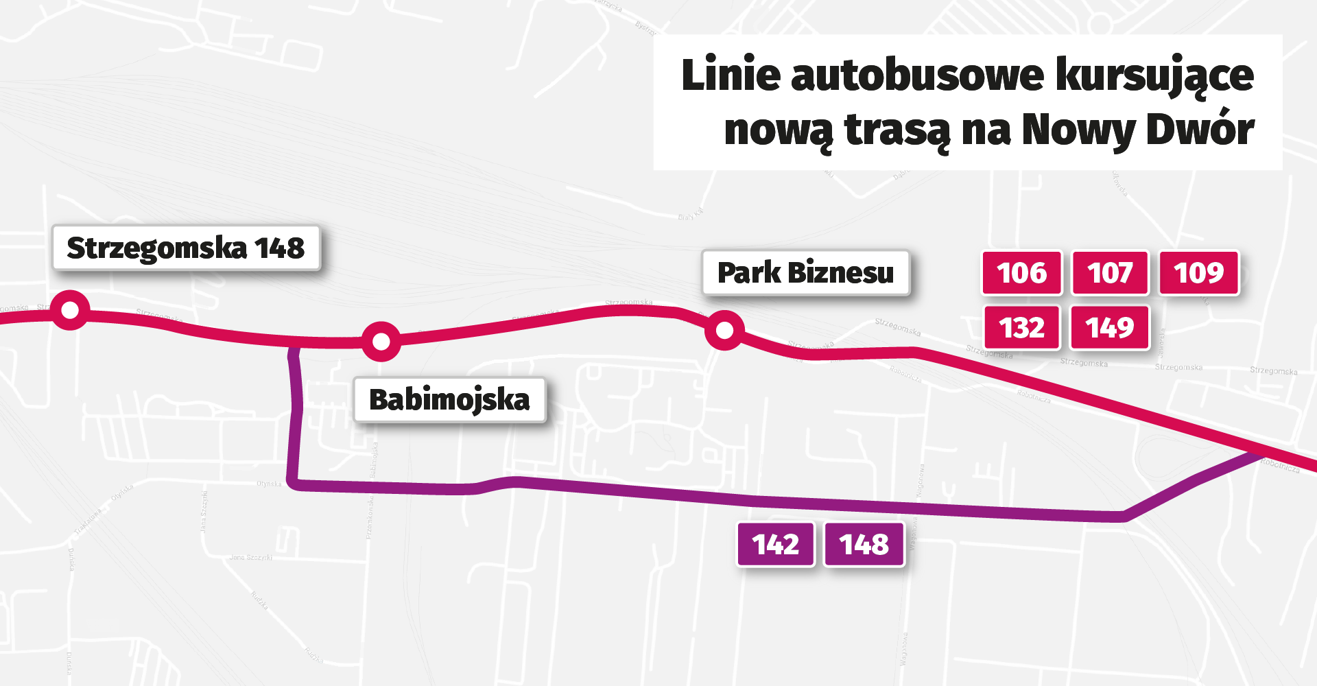 Powiększ obraz: Mapa przedstawiająca trasy przejazdów autobusów. Od soboty 22 lipca autobusy pojadą nowym wiaduktem. Jedynie linie  142 i 148 kursować będą dotychczasową trasą.