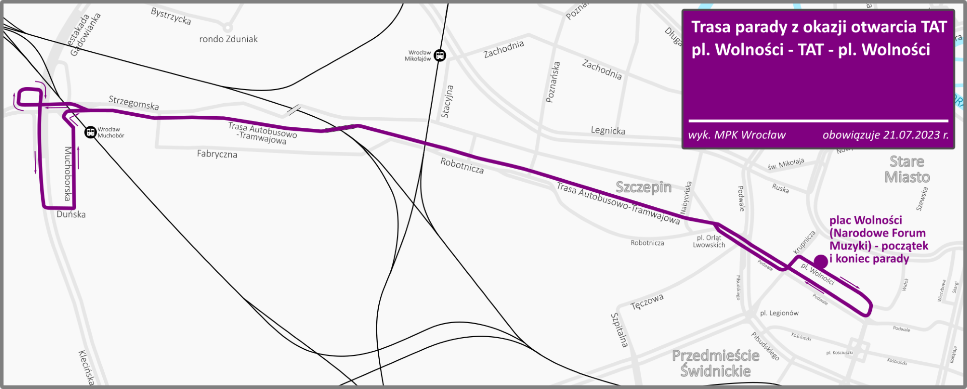 Powiększ obraz: Mapa przedstawiająca trasę parady autobusów po nowej trasie na Nowy Dwór.