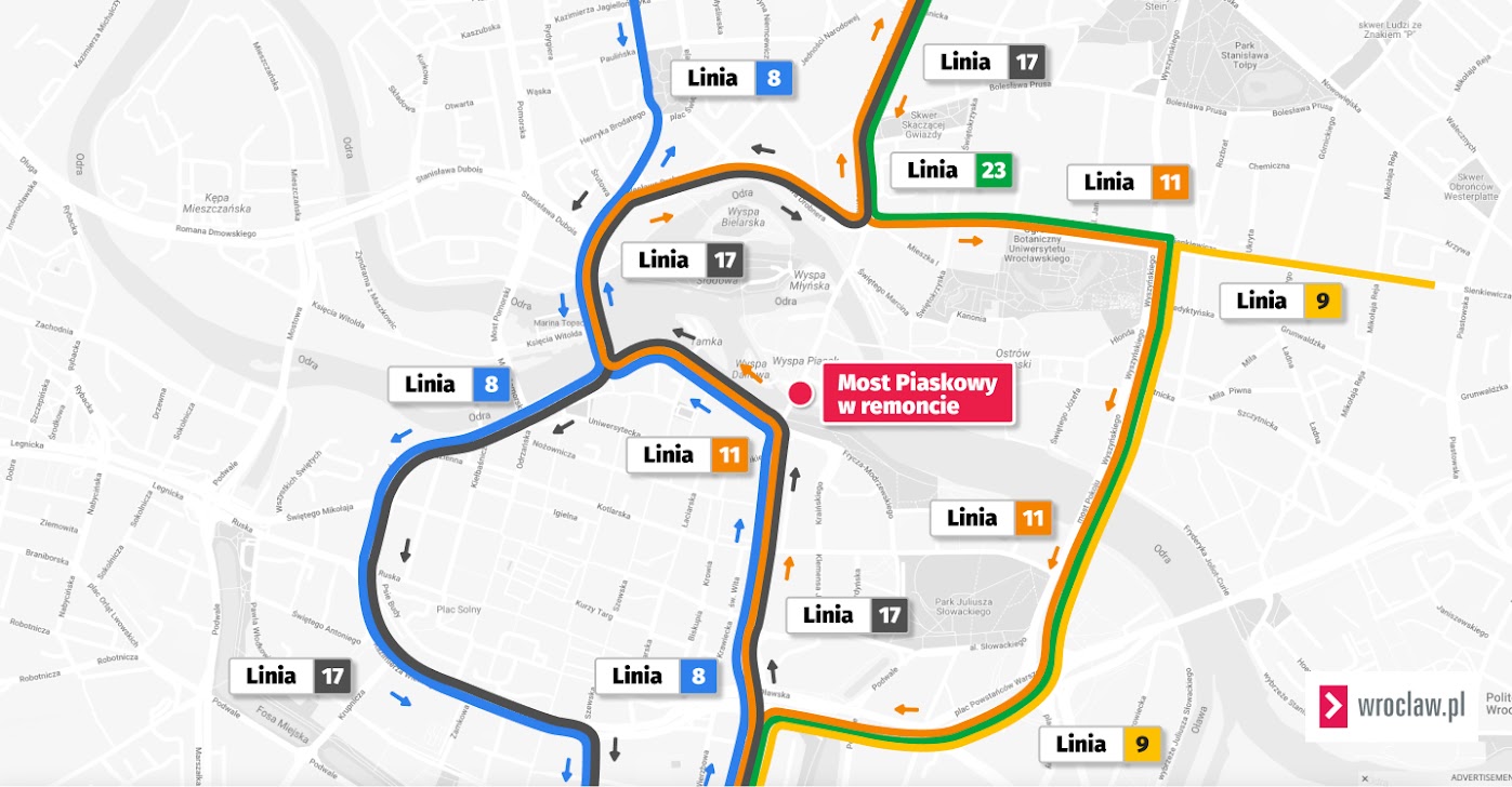 Powiększ obraz: Mapa przedstawia trasy objazdów, jakie obowiązują tramwaje od 24 czerwca do 28 lipca.