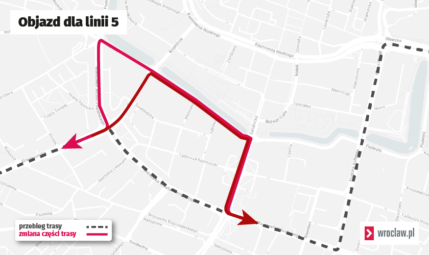 Powiększ obraz: <p>"Piątka" jadąca z Księża Małego w kierunku Oporowa będzie kursowała objazdem od ulicy Piłsudskiego przez ulicę Świdnicką, Podwale i plac Orląt Lwowskich do placu Legion&oacute;w.&nbsp; &nbsp;</p><p>W kierunku przeciwnym, tramwaj pojedzie od placu Legion&oacute;w przez ulicę Sądową, Podwale, Świdnicką do ulicy Piłsudskiego i dalej przez Dworzec Gł&oacute;wny i ulicę Kołłątaja do Księża Małego.</p>