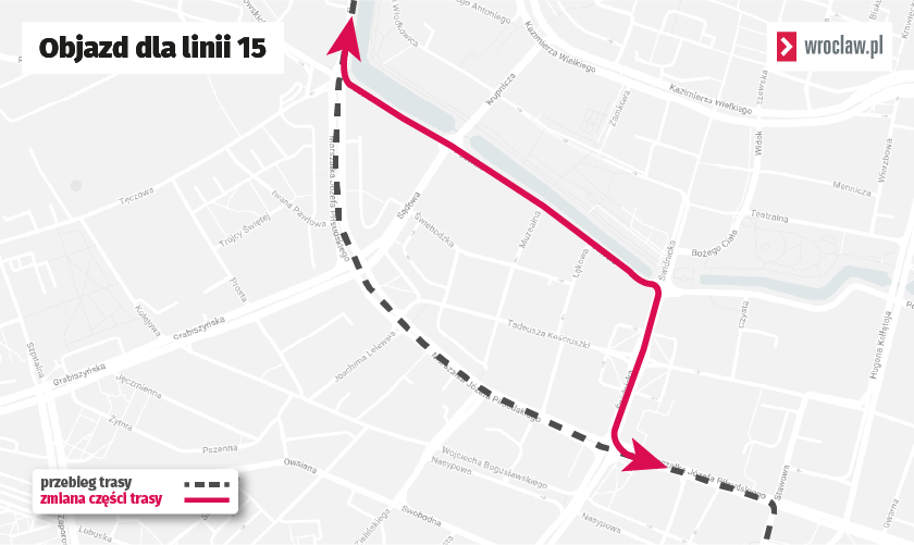 Powiększ obraz: <p>Tramwaje linii 15&nbsp;w obu kierunkach pojadą objazdem&nbsp;od placu Orląt Lwowskich przez Podwale i Świdnicką do ulicy Piłsudskiego.</p>