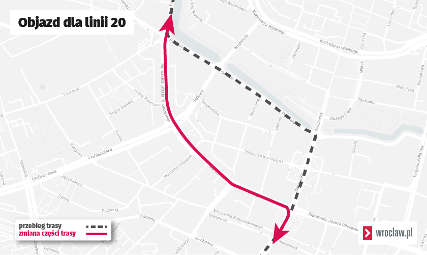 Powiększ obraz: <p>"Dwudziestka"&nbsp;w obu kierunkach pojedzie objazdem&nbsp;od Świdnickiej przez ulicę Piłsudskiego, plac Legion&oacute;w do placu Orląt Lwowskich.</p>