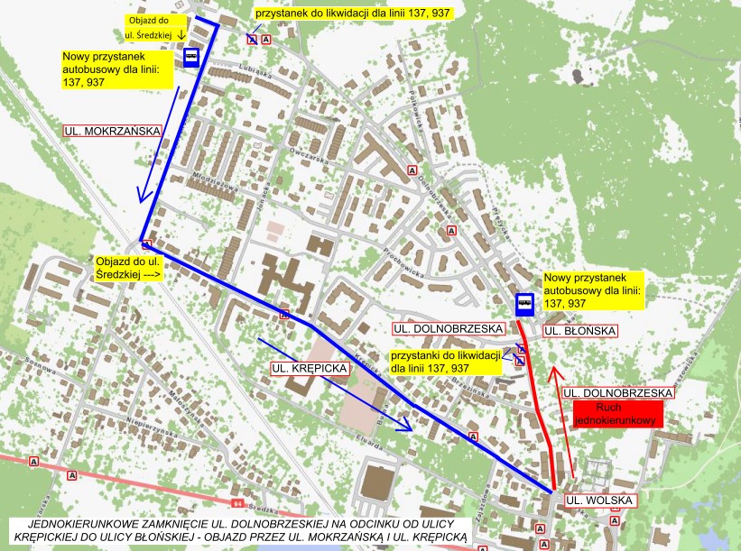 Powiększ obraz: Mapa przedstawiająca objazd remontowanego fragmentu ul. Dolnobrzeskiej.