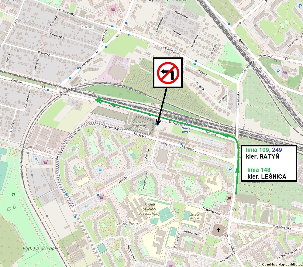 Powiększ obraz: Mapa przedstawia zmiany w przebiegu tras autobusowych.