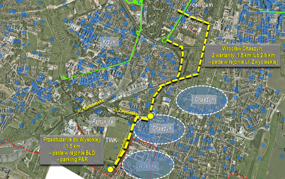 Powiększ obraz: Koncepcje przebiegu tras tramwaju na Ołtaszyn i do Wysokiej.