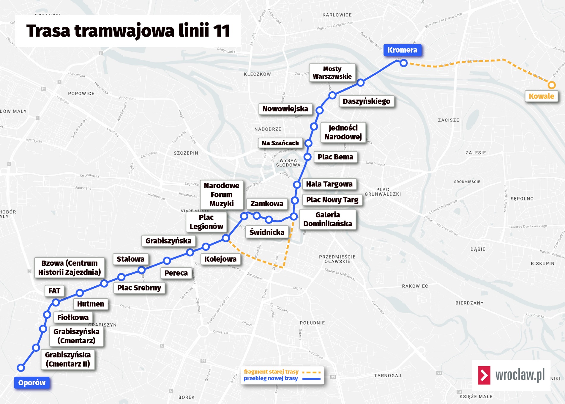 Powiększ obraz: <p>Zmodyfikowany i wydłużony przebieg trasy linii 11.</p>