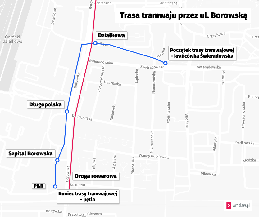 Powiększ obraz: Mapa przedstawia przebieg nowej trasy tramwajowej biegnącej przez ul. Borowską. To założenie, na podstawie którego powstanie koncepcja wraz z decyzją środowiskową.